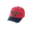 Detail of BOSTON 1630 embroidery on a two-tone washed cotton kids baseball cap - Adjustable / BOSTON 1630 Embroidery / Red/Deep Blue