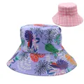 Reversible wide brim sun hat for women featuring tropical leaf prints and classic plaid pattern - Light Purple Tropical Print with Pink Plaid (Style 1)