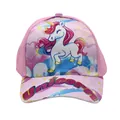 Detail of pink kids baseball cap featuring unicorn print and 3D Unicorn text on brim - Adjustable (48-54cm) / Style 2 (Pink Closed Eye Unicorn Pattern)
