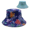 Reversible wide brim sun hat with tropical leaf print and blue plaid patterns - Dark Blue Tropical Print with Cyan Blue Plaid (Style 5)