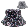 Detail of wide brim bucket hats featuring floral patterns and classic grey plaid designs - Black Floral with Gray Black Plaid (Style 7)