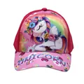 Detailed view of pink unicorn baseball cap featuring cartoon rainbow prints and unicorn text - Adjustable (48-54cm) / Style 3 (Pink Unicorn with Flower Decoration)