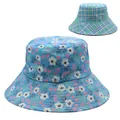 Detailed fabric texture of wide brim sun hat with floral pattern and plaid print options - Light Blue Floral with Blue Green Plaid (Style 8)