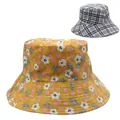 Detail view of floral and plaid pattern sun hats showing cotton texture and wide brim - Yellow Floral with Gray Black Plaid (Style 9)