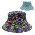 Detail of wide brim bucket hat with colorful tropical leaf print and plaid patterns - Black Colorful Leaf with Blue Green White Plaid (Style 10)