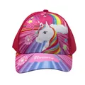 Detailed view of colorful unicorn and rainbow prints on kids baseball hat - Adjustable (48-54cm) / Style 4 (Rose Red Unicorn with Rainbow Floral)
