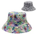 Detail of wide-brim sun hat with colorful leaf print and classic grey plaid pattern - Brilliant Colorful Leaf with Gray Black White Plaid (Style 11)