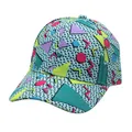 Close-up of geometric pattern print on blue baseball cap with colorful triangles and circles - Light Blue Colorful Geometric Print (Style 7)