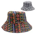 Detail of vibrant geometric prints and classic plaid patterns on wide brim sun hats - Ethnic Geometric Print with Gray Plaid (Style 13)