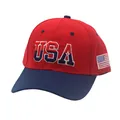 Detailed close-up of 3D USA embroidery and American flag patch on cotton baseball cap - Adjustable / Red