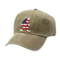 Detail of US flag Bigfoot embroidery on vintage washed cotton khaki baseball cap - Adjustable / Khaki