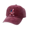 Close-up of embroidered Sasquatch design with USA flag pattern on washed cotton cap - Adjustable / Burgundy