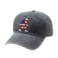 Macro detail of Bigfoot embroidery with US flag pattern on washed cotton baseball cap - Adjustable / Gray