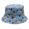 Close-up of sky blue bucket hat featuring cartoon pug and red heart pattern print - Light Blue Pug Heart Design (Style 8)