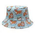 Reversible bucket hat with light blue canvas and cute cartoon Corgi print for sun protection - Light Blue Corgi Bone Design (Style 9)