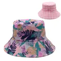 Reversible wide brim sun hat with tropical leaf print and classic pink checkered pattern - Tropical Style Leaf with Pink White Plaid (Style 14)