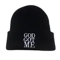 Classic black beanie with white GOD GOT ME embroidery for autumn and winter warmth - One Size / Black