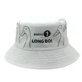 Close-up of white bucket hat featuring hand-drawn duck prints and Long Boi text logo - White Line Art Duck Style (Style 14)