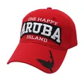 Dettaglio cappello rosso con ricamo bianco Aruba Island e motivo squalo nero - Regolabile / Rosso