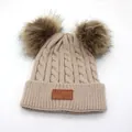 Children's winter knit beanie featuring two faux fur pom-poms and a leather patch - Kids / Off White