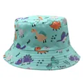 Detail of mint green bucket hat featuring colorful cartoon dinosaur prints and text - Mint Green Dinosaur Style (Style 16)