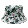 Detail of flamingo and palm tree prints on durable canvas bucket hat with reinforced stitching - White Tropical Flamingo Style (Style 17)