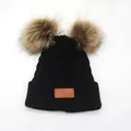 Winter kids knit beanie with double faux fur pom poms and warm cable pattern in black - Kids / Black