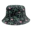 Close-up of tropical print sun hat with pink flamingos and green palm leaves - Black Tropical Flamingo Style (Style 18)