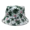 Detail of tropical bucket hat featuring green palm trees and pink flamingo print - White Palm Flamingo (Style 19)