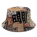 Close-up of retro geometric pattern print on canvas bucket hat in earth tones - Vintage Geometric Style (Style 22)