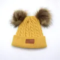 Children's yellow knit beanie with double faux fur pom poms and cable knit pattern - Kids / Yellow
