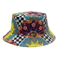 Detail of printed bucket hat featuring checkerboard and floral patterns with reinforced stitching - Sun Checkerboard Patchwork Style (Style 23)