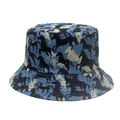 Detail of light blue bucket hat featuring galloping horse print in cotton canvas fabric - Black and White Galloping Horse on Blue Background (Style 24)
