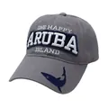 Close-up of gray baseball cap with white ARUBA embroidery and a blue shark on the brim - Adjustable / Gray