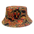 Detailed close-up of tribal pattern bucket hat featuring bold African abstract face prints - African Tribal Mask (Style 27)