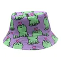 Close-up of purple bucket hat featuring green cartoon frogs and pink heart patterns - Purple Frog Heart Style (Style 28)