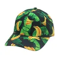 Black canvas baseball cap featuring vibrant tropical banana and green leaf print patterns - Black Banana Tropical Leaves Print (Style 19)