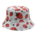 Detail of white bucket hat with red strawberry prints and reinforced stitching on brim - White Red Strawberry Style (Style 31)