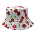 Close-up of white cotton bucket hat with vibrant red cherry print and decorative stitching - White & Pink Cherry Style (Style 32)