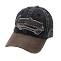 Close-up of vintage washed denim cap with Americana embroidery and leather brim - Adjustable / Washed Black And Brown (Style 1)