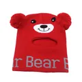 Kids red bear knit balaclava with dual pom-poms and integrated neck warmer scarf - One Size / Red