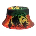 Double-sided bucket hat featuring reggae lion print with red yellow and green gradient colors - Reggae Gradient Lion (Style 36)