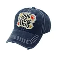 Detailed close-up of distressed cotton baseball cap with DOG Vibes Only embroidery - Adjustable / Navy Blue