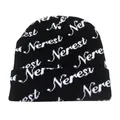 Black knit beanie with white Nerest jacquard letters and a wide fold-up cuff for winter - Black