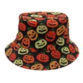 Close-up of Halloween bucket hat with colorful pumpkin patterns and spider web details - Size M (56-58cm) / Halloween Black Pumpkin Spiderweb
