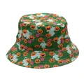 Detail of Halloween bucket hat with pumpkin, ghost, and spider web prints on green canvas - Size M (56-58cm) / Halloween Green Spiderweb Print