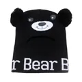 Kids black bear balaclava knit hat with faux fur pom-poms and integrated neck warmer - One Size / Black