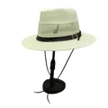 Close-up of beige woven fedora with breathable mesh, crocodile strap, and chin cord - Milky White Mesh Style