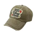 Detail of army green washed cotton baseball cap with distressed rips and DOG Vibes embroidery - Adjustable / Dark Khaki