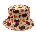 Close-up of Thanksgiving turkey and pumpkin print patterns on a beige cotton bucket hat - Size M (56-58cm) / Thanksgiving Beige Pumpkin Turkey